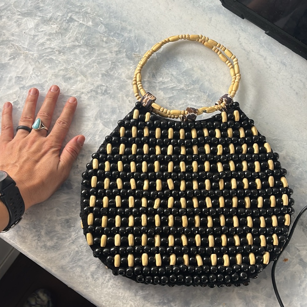 Anthropologie Black and Tan Beaded Bag with beaded handle - Picture 1 of 4